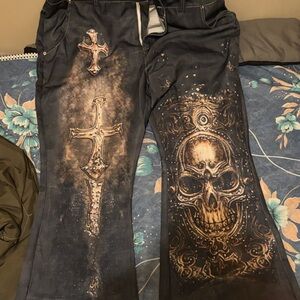 Black Gothic Pants with Skull and Cross Design